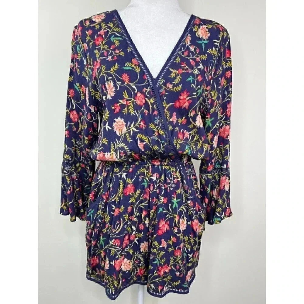 Xhilaration Floral Romper - Lace Eyelet Detail - Ruffle 3/4 Sleeves - Tie Back